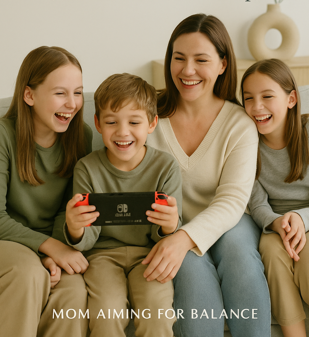 A soft-toned digital Pinterest graphic with a photo of a mother and children walking together, overlaid with the text “Teaching Kids Gratitude Without Guilt – A Real Mom’s Reflection on Balance, Blessings, and Budgeting.”