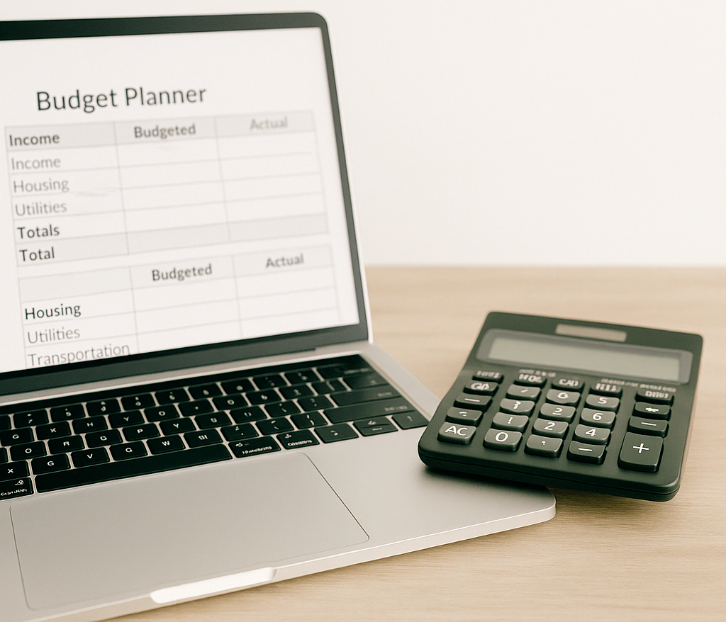 A laptop with a budget planner excel sheet showing and a calculator next to it to show how I am getting out of debt