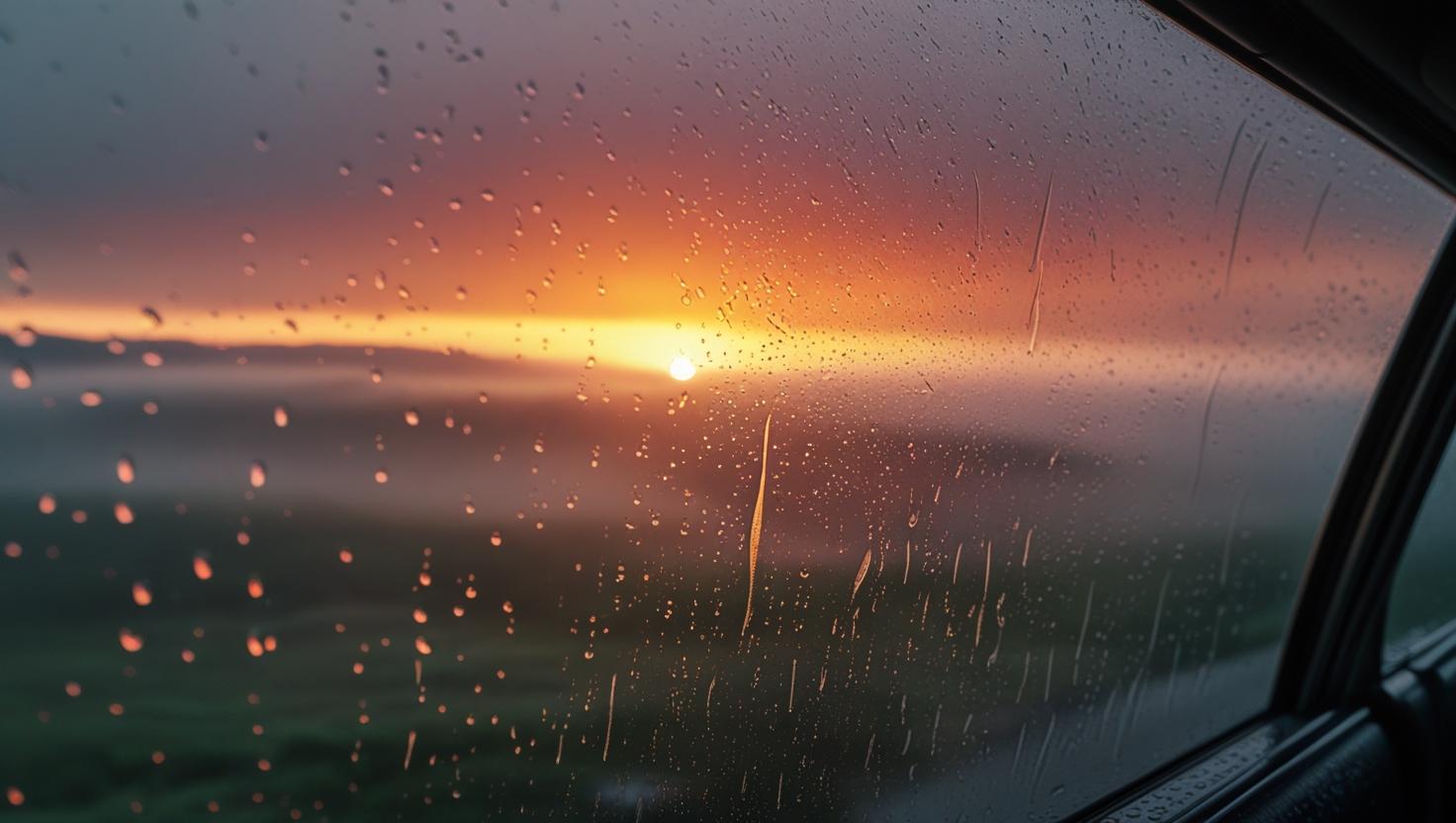 Sunrise viewed through a foggy car window symbolizing the emotional weight of the ride between here and there.
