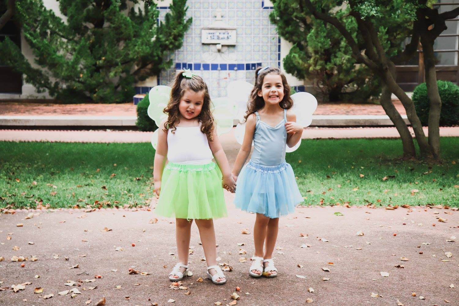 Twin girls dressed as fairies. Pictures of my exhausted mom era.