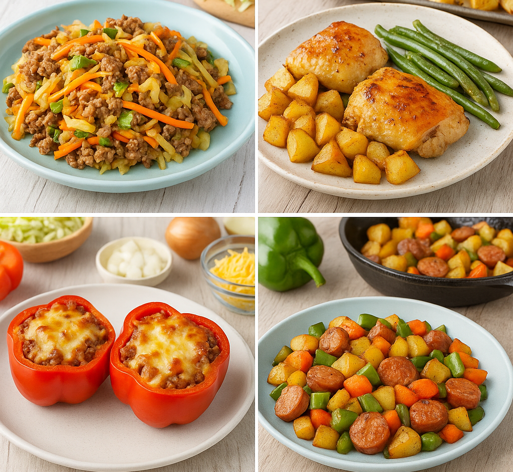 A collage of seven easy family dinners and desserts under $100, including egg roll in a bowl, garlic butter chicken thighs with potatoes and green beans, stuffed bell peppers, smoked sausage veggie skillet, crustless breakfast bake, strawberry cream cheese crescent bites, and chocolate chip crescent cookies — displayed on light plates and wooden background.