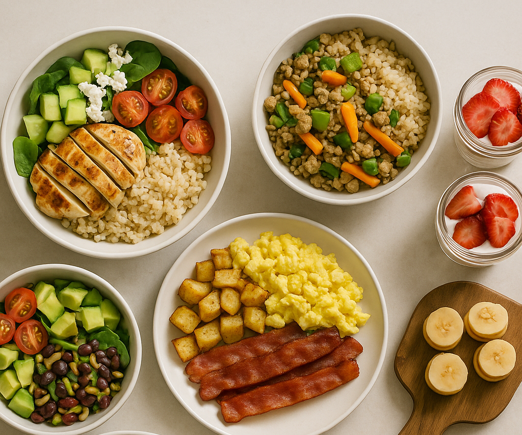 Overhead photo of seven simple, colorful meals featured in an Aldi meal plan for families, including chicken bowls, stir-fry, breakfast-for-dinner, pasta salad, mini pizzas, and two kid-friendly desserts — all served on a neutral background.